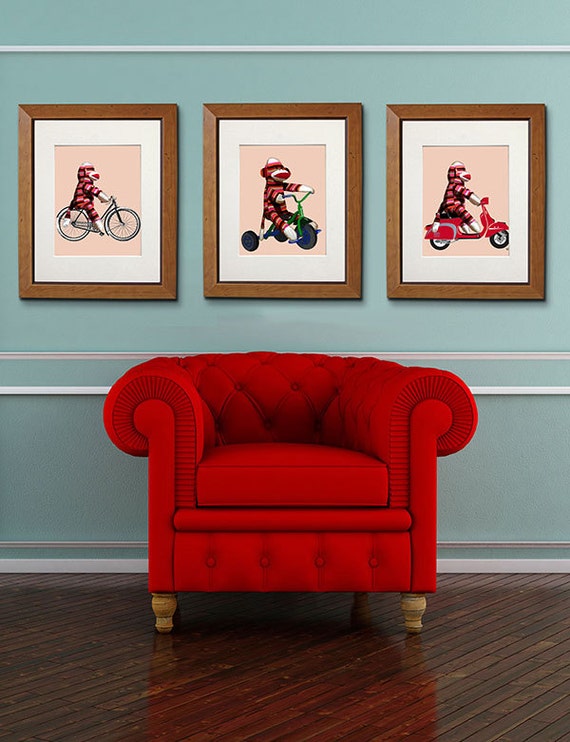 Sock Monkey Decor Collection Set 3 Modern Nursery Art for