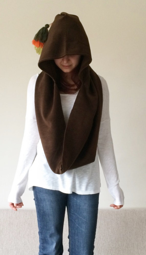 Neckwarmer Chunky Cowl,  Fleece Cozy Scarf, hooded Hooded brown Polar scarf Scarf,  Brown