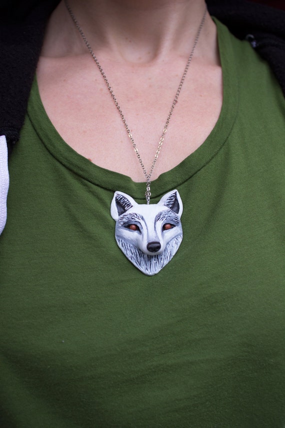 White wolf pendant Polymer clay wolf necklace by WhimsyCalling