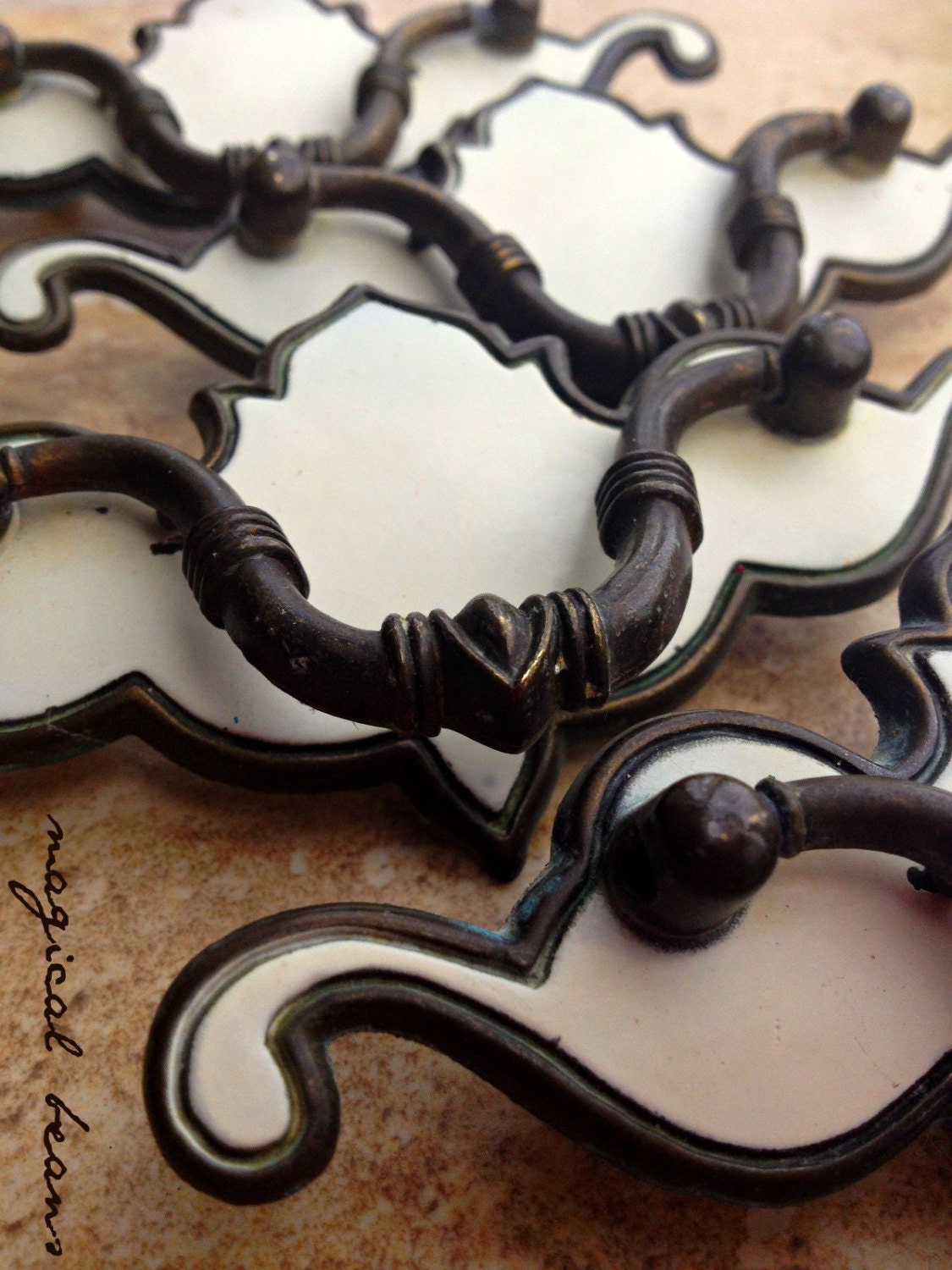 Vintage Salvaged Solid Antique Brass w Chippy Ivory Facing Chippendale