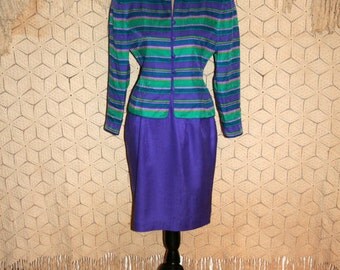80s Suit Silk Skirt Suit Petite Small Size 6 Women Suit Retro 1980s Clothing Purple Teal Stripe Jacket Midi Skirt Papell Vintage Clothing