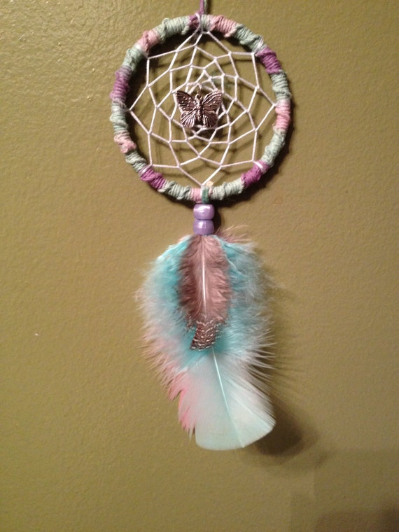 Butterfly Dreamcatcher - 2.5 inch - Hippie - Bedroom and Car Decoration - Feathers - Namaste - Spring - One Love - Pastel Colors