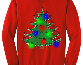 Ugly Christmas Sweater - LIGHT UP - Gift - Christmas Tree Sweatshirt in Unisex Hot Pink, Royal, Sand, Red, Kelly s,m,l,xl, xxl, 3xl