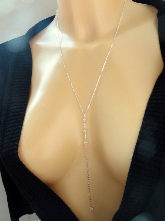 Sterling Silver Long Lariat Necklace Sterling Silver Crystal 4158