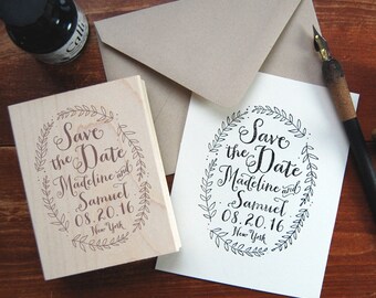 Save the Date Stamp #3 - Calligraphy - Wreath - Personalized