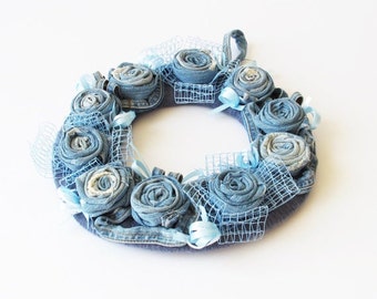 ON SALE Denim Wreath Blue Color Wreaths Jeans Flowers Fabric Satin