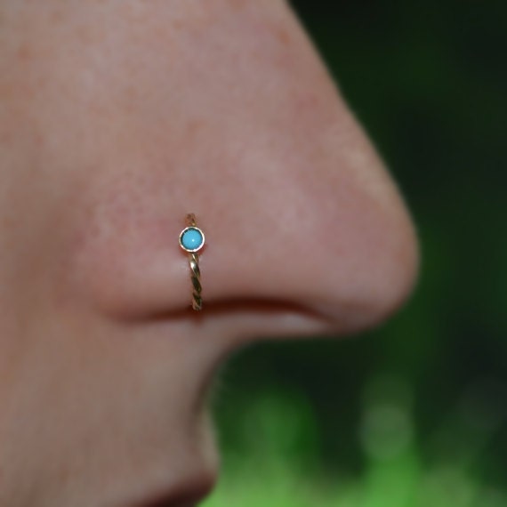 Gold Nose Ring - 2mm Turquoise Nose Hoop - Rook Earring - Septum Piercing - Tragus Jewelry - Cartilage Earring Hoop - Daith Ring 20 gauge