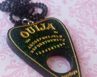 Ouija Planchette Necklace / Green and Gold / Gothic Jewelry / Spirit Board / Paranormal Jewelry / Creepy Necklace / Horror Jewelry