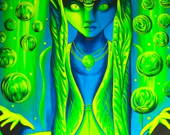 UV Painting Cosmic Elfe - handpainted on order blacklight active psychedelic neon glowing multiple sizes