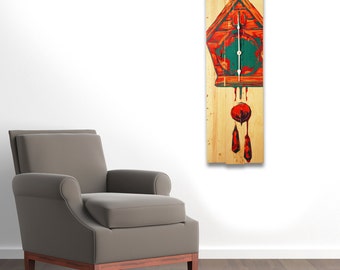 Large Wall Clock Modern Cuckoo Clock Art on Solid Wood Boards - Tall Long 33" x 13"