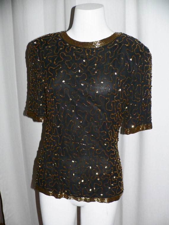 Vintage 1980's Stenay Silk Blouse with Amber Sequins and