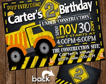 Construction birthday invitation, Construction birthday party, Chalkboard Construction party,Dumptruck Invitation, chalkboard dumptruck