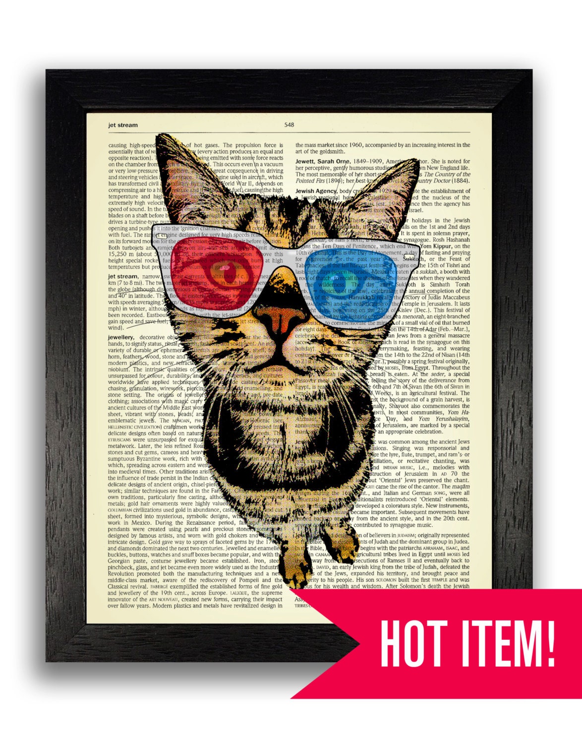  Cat  in 3D  Glasses Art  Print on Dictionary Page Cool Cat  Wall