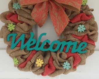 Welcome Wreath, Burlap Wreath,Spring Wreath, Summer Wreath