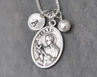 Pregnancy Motherhood Childbirth Fertility - Saint St Gerard Necklace - Custom Initial Stamp - Swarovski Crystal Birthstone or Pearl
