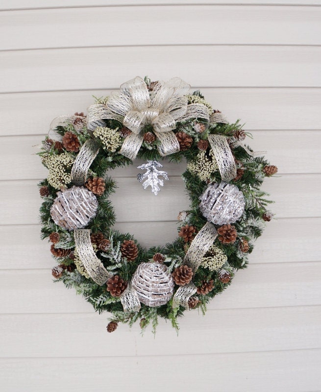 Christmas Wreath, Winter Wreath, Champagne Metallic Wreath, Pine Cone Wreath, Rustic Wreath, Country Wreath, Silvery Wreath, Birch Wreath