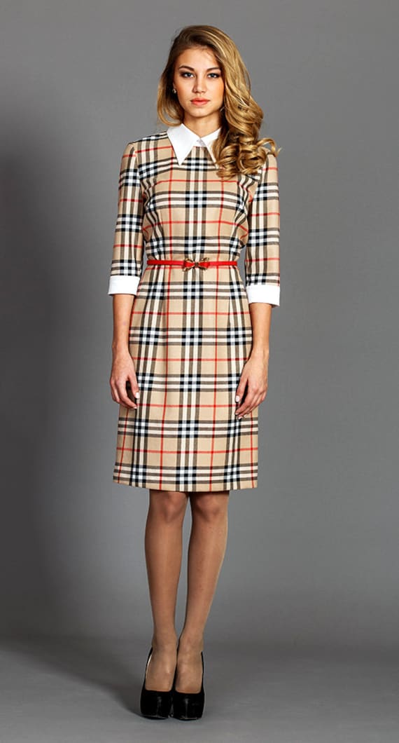 Checked pencil dress with collar