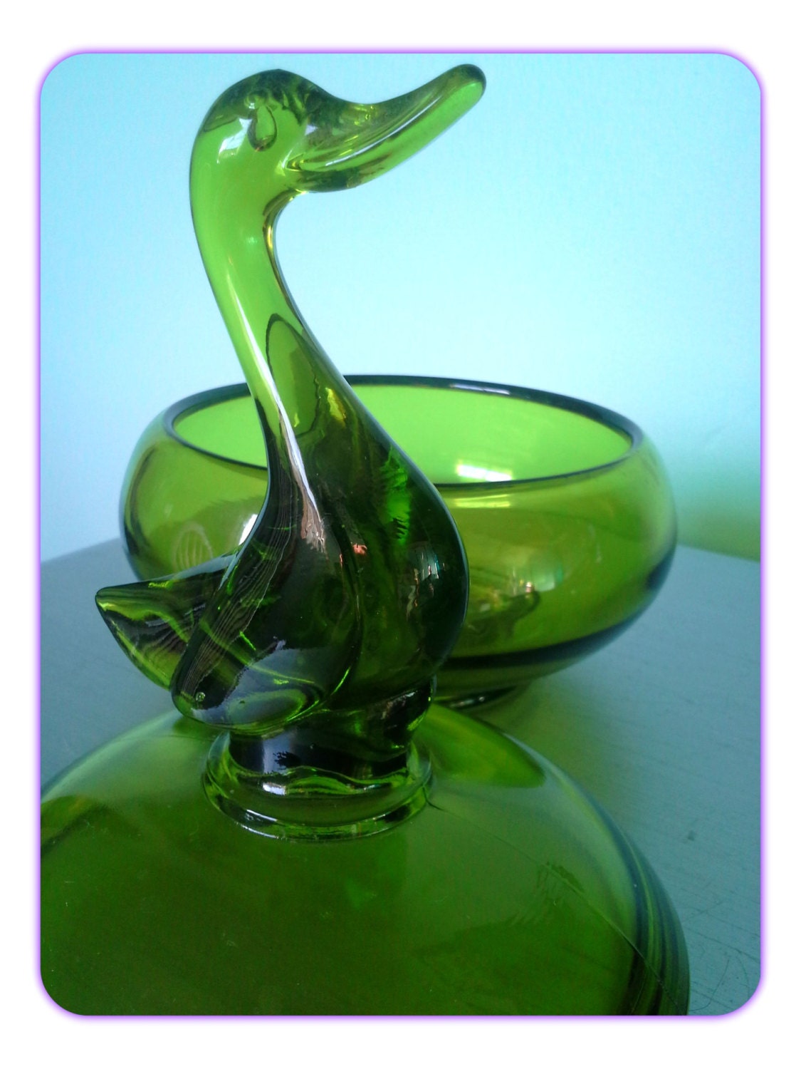 Vintage Green Viking Glass Duck Goose Covered Bowl/Vintage