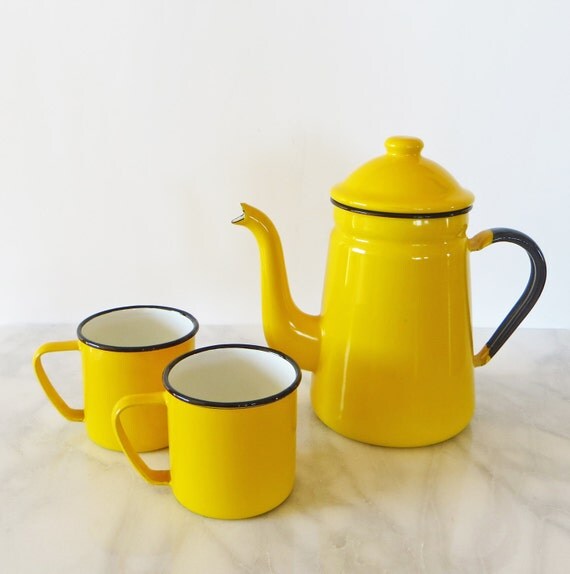 RESERVED Enamel Coffee Pot and Mugs Yellow Enamelware