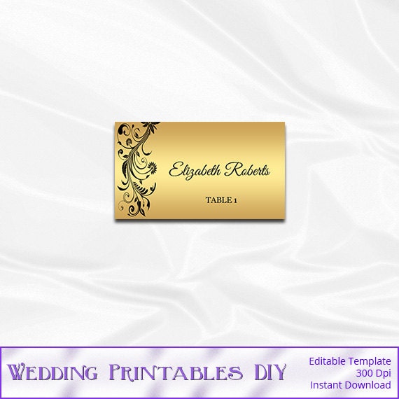 Black and Gold Place Card Template Diy by WeddingPrintablesDiy
