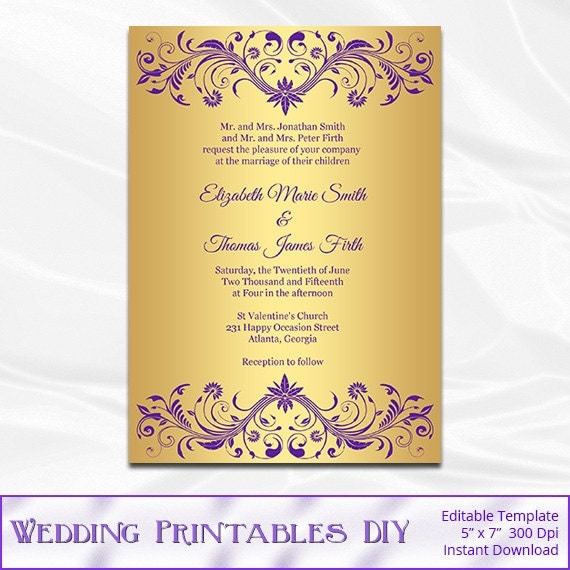 Purple and Gold Wedding Invitation Template Diy Gold Foil