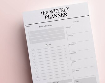 Weekly Planner Printable - Detailed Week in Review Desk Pad / Planner Page with To Do List & Schedule. Minimalist Digital INSTANT DOWNLOAD