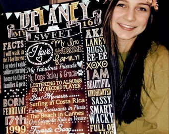 Sweet 16 Birthday Board Poster Custom for any age gender, color change avail & FREE 8x10 w purchase! Chalkboard style birthday board sixteen