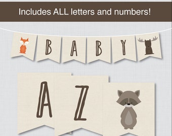 Woodland Flag Banner with ALL Letters - Printable Instant Download - Woodland Baby Shower Banner, It's a Boy, It's a Girl, Congrats - 0010