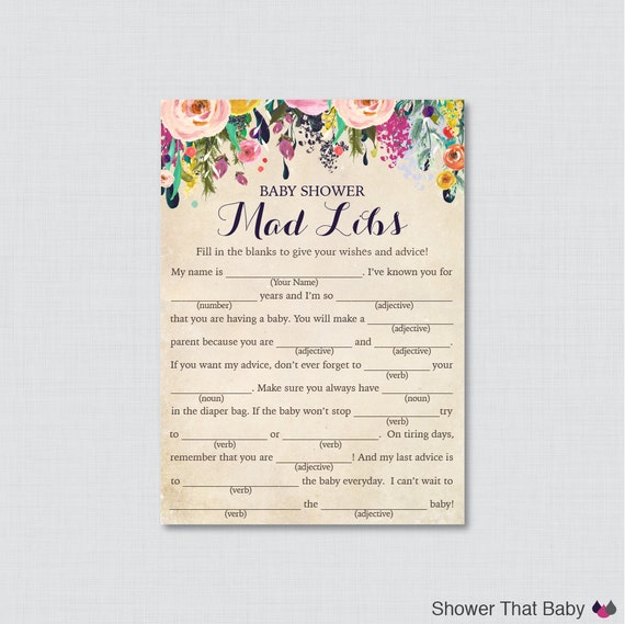 Floral Baby Shower Mad Libs Printable Baby Shower Advice