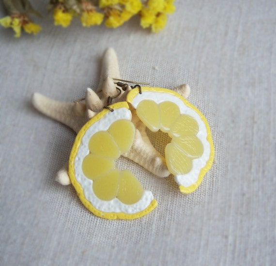 Lemon Earrings Polymer Clay Fruits Food Jewelry by Lovebijouterie