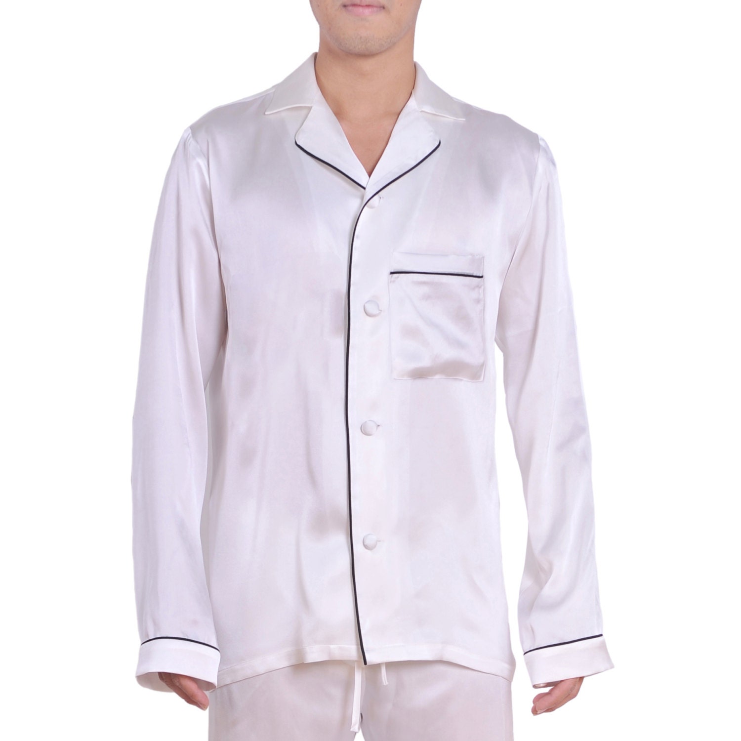 Pure silk Mens Pajama Top Sleep Shirt White Mens by ApparelFabrics