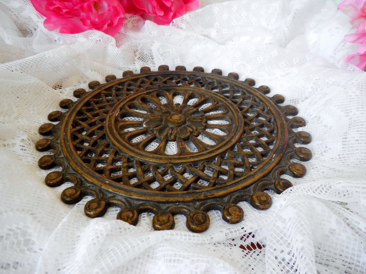 Brass Trivet, Flowers, Pot Holder, Vintage Kitchen Haute Juice