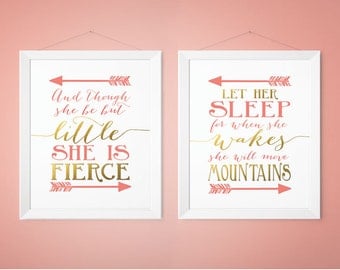 Nursery Decor, And though she be but little she is fierce, Let her sleep she wakes move mountains, Coral Gold Nursery Prints (1002-2S)