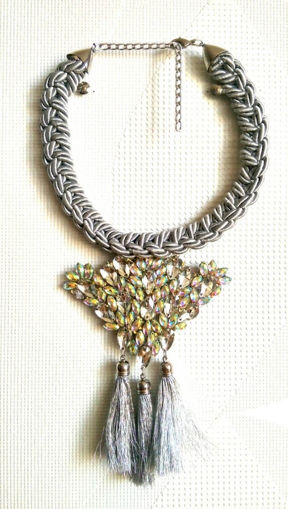 Iceberg Necklace Grey Rope Necklace Crystals by SaraKeyHandmade