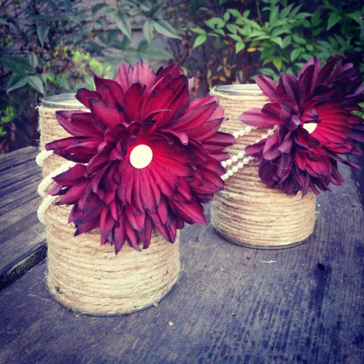 2 Upcycled Jute Twine Tin Cans Pencil Holder Makeup by craftyjtown