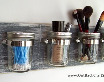 Mason Jar Decor, Gray Distressed Wood Mason Jar Organizer, Gray Decor, Shabby Rustic Decor, Bathroom Storage, Custom orders welcome!