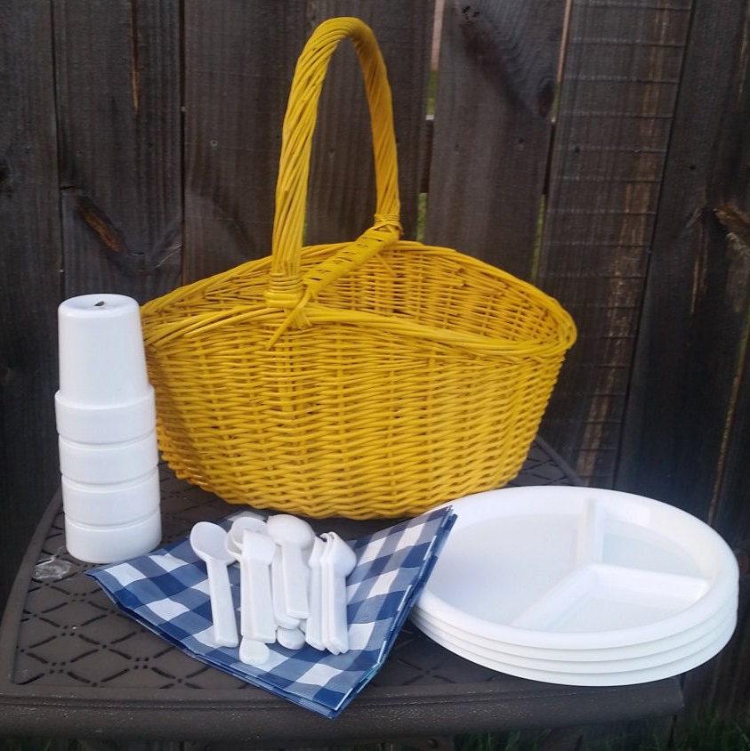 Picnic Basket Picnic Set Yellow Picnic by sistersvintageattic