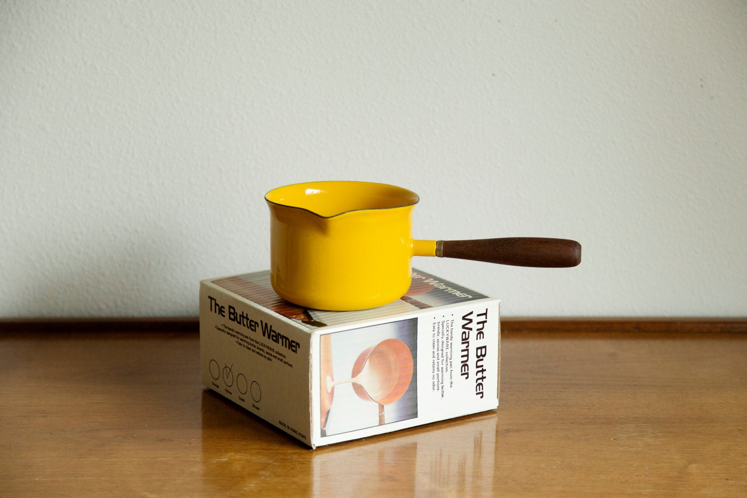 Vintage Yellow Enamelware 'The Butter Warmer' pot in