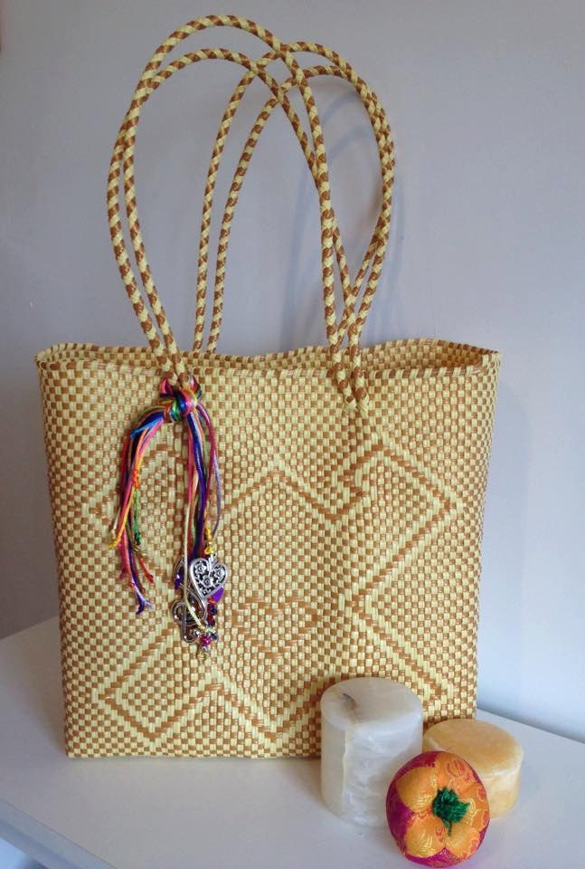 Handmade woven plastic tote bag mexican artisan oaxaca bag
