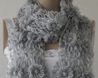 Scarf, Gray Floral motif foulard, gift for christmas, gift for women, gift for mom, gift for her, new year gifts /// FORMALHOUSE