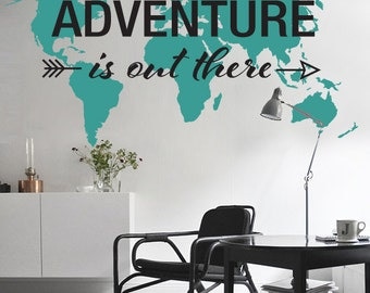 Map Of The World Vinyl Adventure is Out There - World Map Decal - Large World Map Vinyl Wall Sticker - World Map Wall Sticker