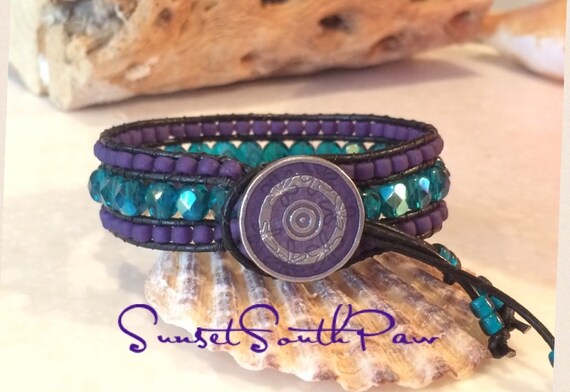Purple Czech and Teal Fire Polished 3 Row Leather and Bead
