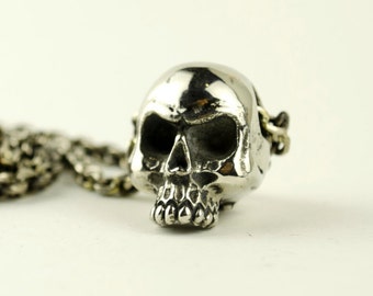 Anatomical Human Skull Necklace Skull Jewelry White Bronze Pendant with Gothic Steampunk Chain - FPE002