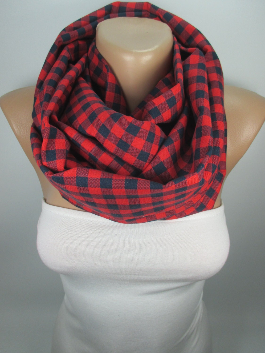 Red Plaid Scarf Cotton Scarf Infinity Scarf Winter by MelScarf