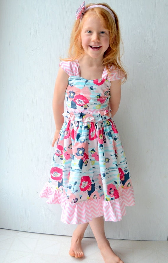 Girls Twirl Dress Floral and Chevron Dress Aqua by GirlWithATwirl