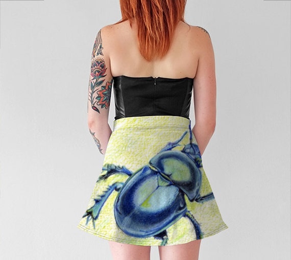 Blue Beetle ART SKIRT - FLARE Skirt in Small medium Large Extra Large Above the knee a-line Insect Art by Ela Steel club skirt weird scarab