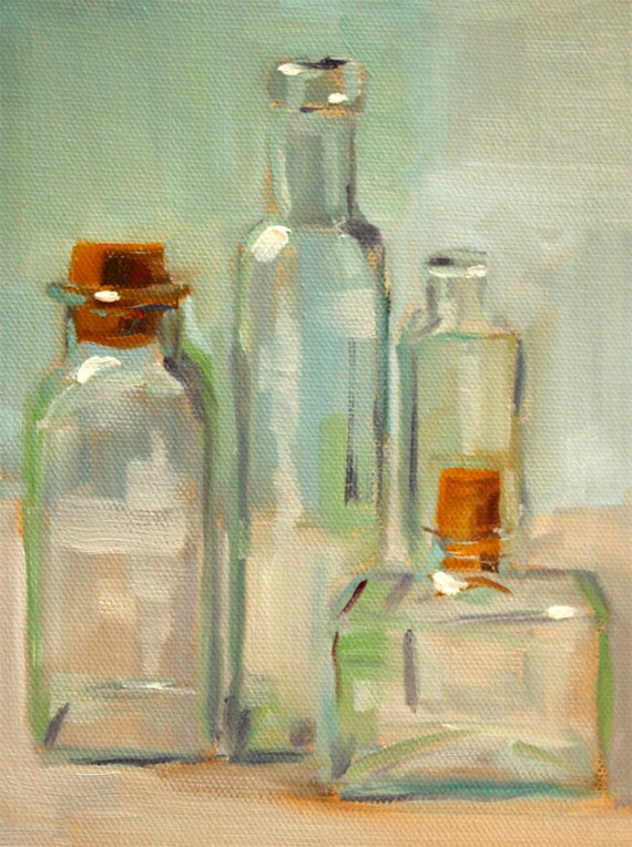 Still Life Oil Painting Bottle Collection Glass Green