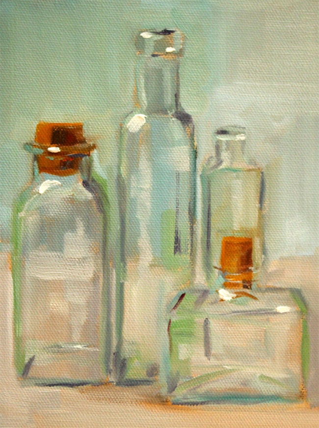 Still Life Oil Painting Bottle Collection Glass Green