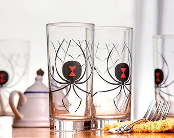 Black Widow Spider Halloween Glasses - Set of 4 Glasses, Halloween Glasses, Spider Glasses, Black Widow Spiders, Halloween Decor