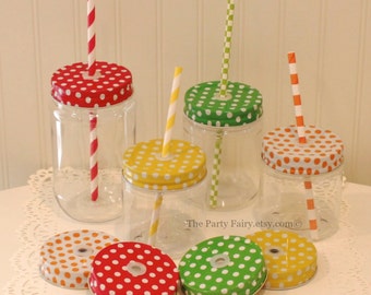 Mason Jars, 6 Plastic Mason Jar with Polka Dot Jar Lids, Mason Jar Cups, Mason Jars with Lids, Wedding Favors, Plastic Mason Cups